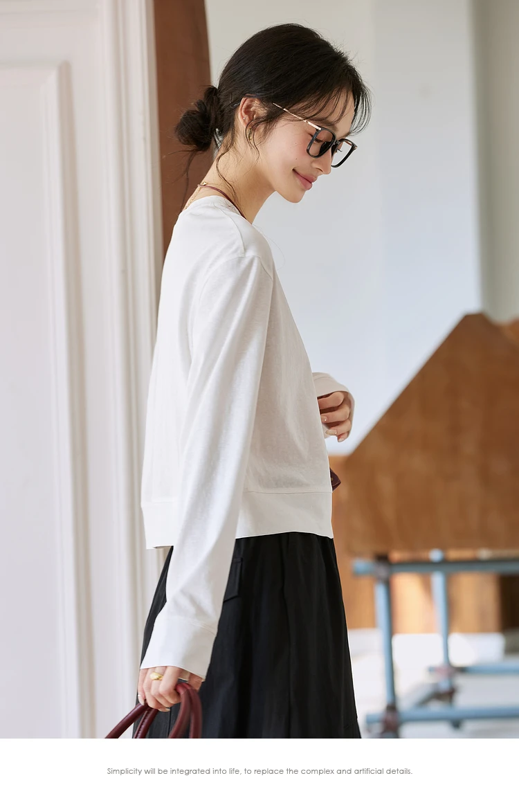 VIMLY Women's Cotton White Tees 2026 Spring Round Neck Pullover Long Sleeve T-shirt Casual Loose Tops for Woman Clothes A0712
