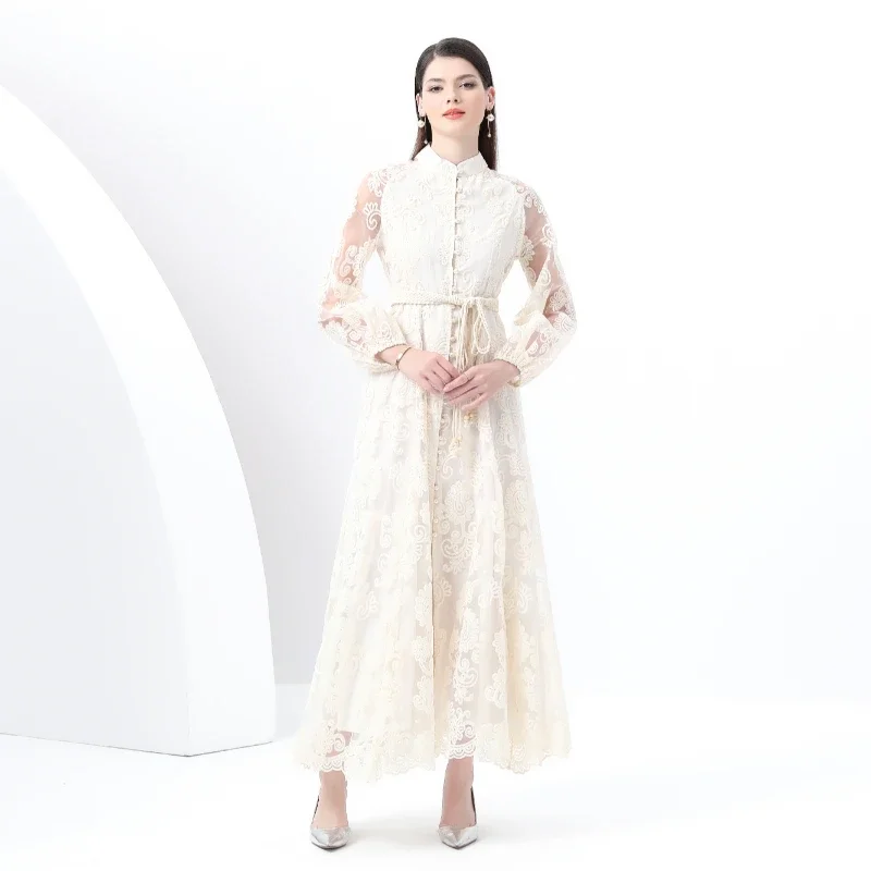 Spring Autumn European American Stand Up Collar Single Breasted Lace Dress Women Elegant Embroidery Large Swing Long Dress C205