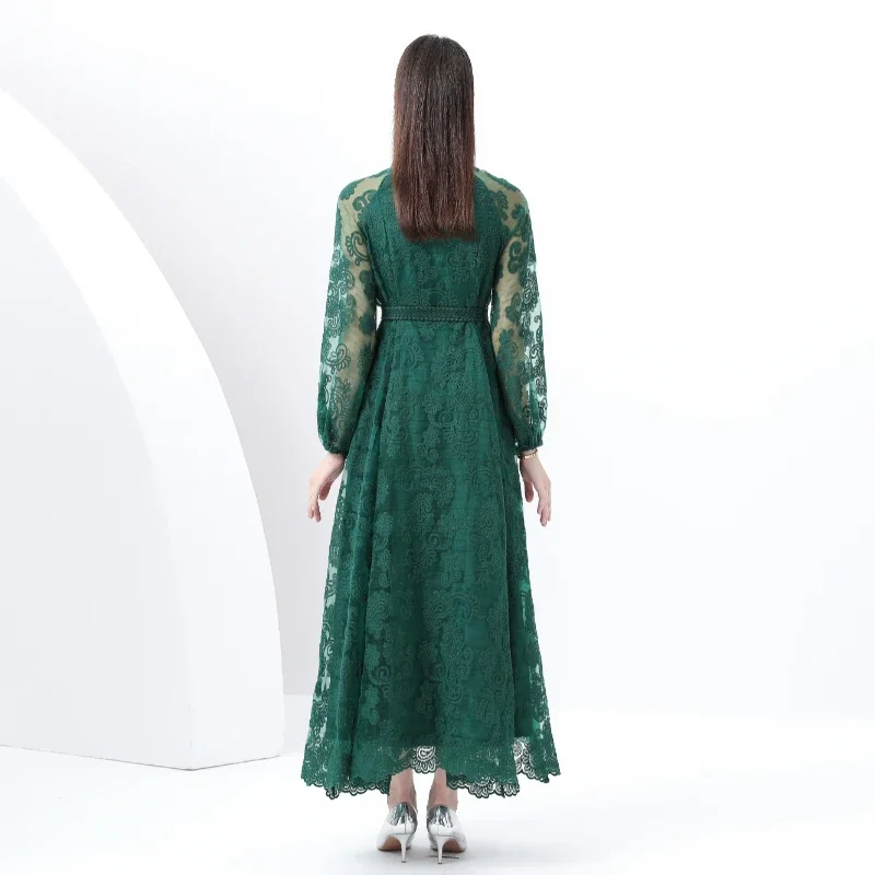 Spring Autumn European American Stand Up Collar Single Breasted Lace Dress Women Elegant Embroidery Large Swing Long Dress C205