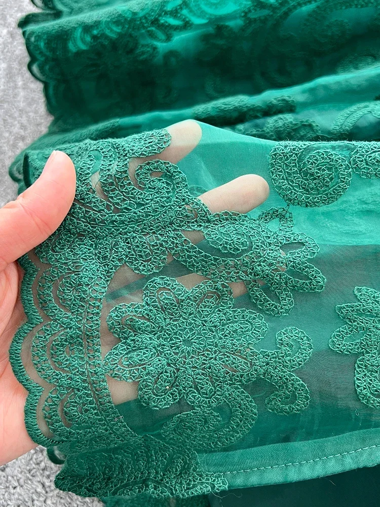 Spring Autumn European American Stand Up Collar Single Breasted Lace Dress Women Elegant Embroidery Large Swing Long Dress C205