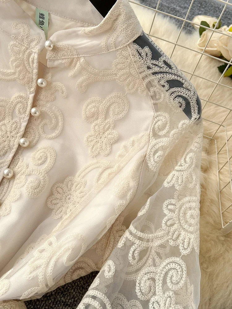 Spring Autumn European American Stand Up Collar Single Breasted Lace Dress Women Elegant Embroidery Large Swing Long Dress C205