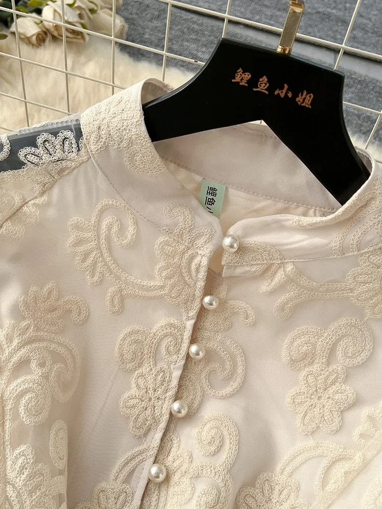 Spring Autumn European American Stand Up Collar Single Breasted Lace Dress Women Elegant Embroidery Large Swing Long Dress C205