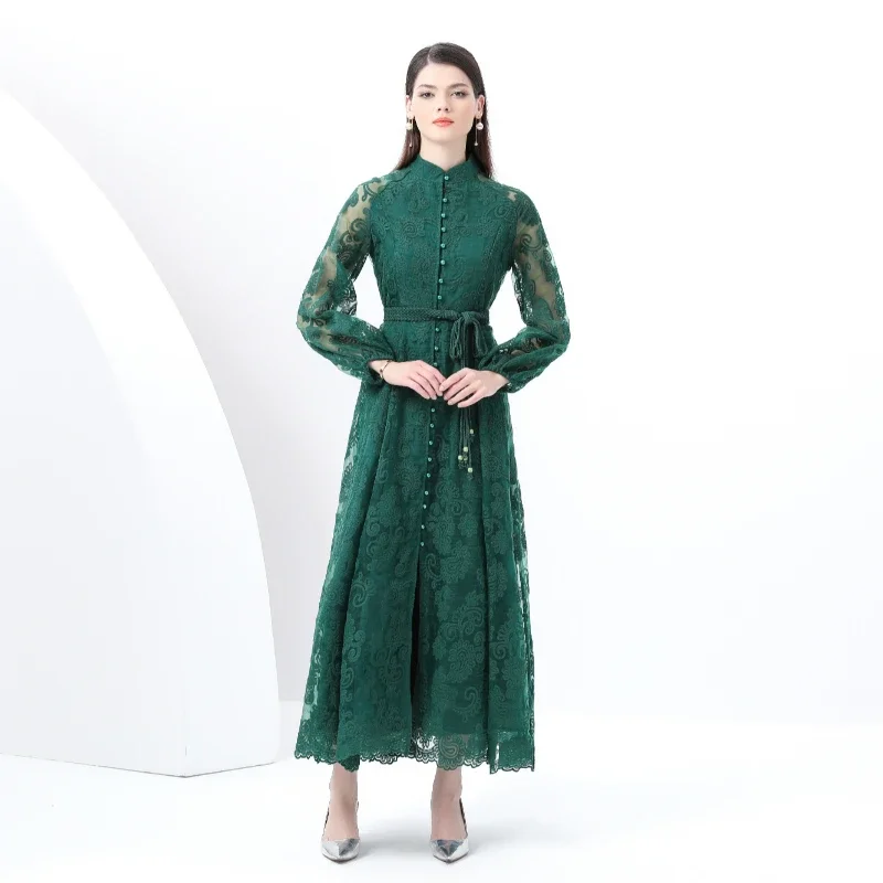 Spring Autumn European American Stand Up Collar Single Breasted Lace Dress Women Elegant Embroidery Large Swing Long Dress C205