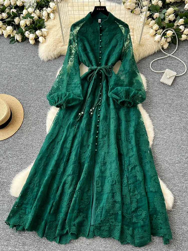 Spring Autumn European American Stand Up Collar Single Breasted Lace Dress Women Elegant Embroidery Large Swing Long Dress C205