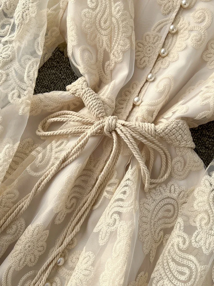 Spring Autumn European American Stand Up Collar Single Breasted Lace Dress Women Elegant Embroidery Large Swing Long Dress C205
