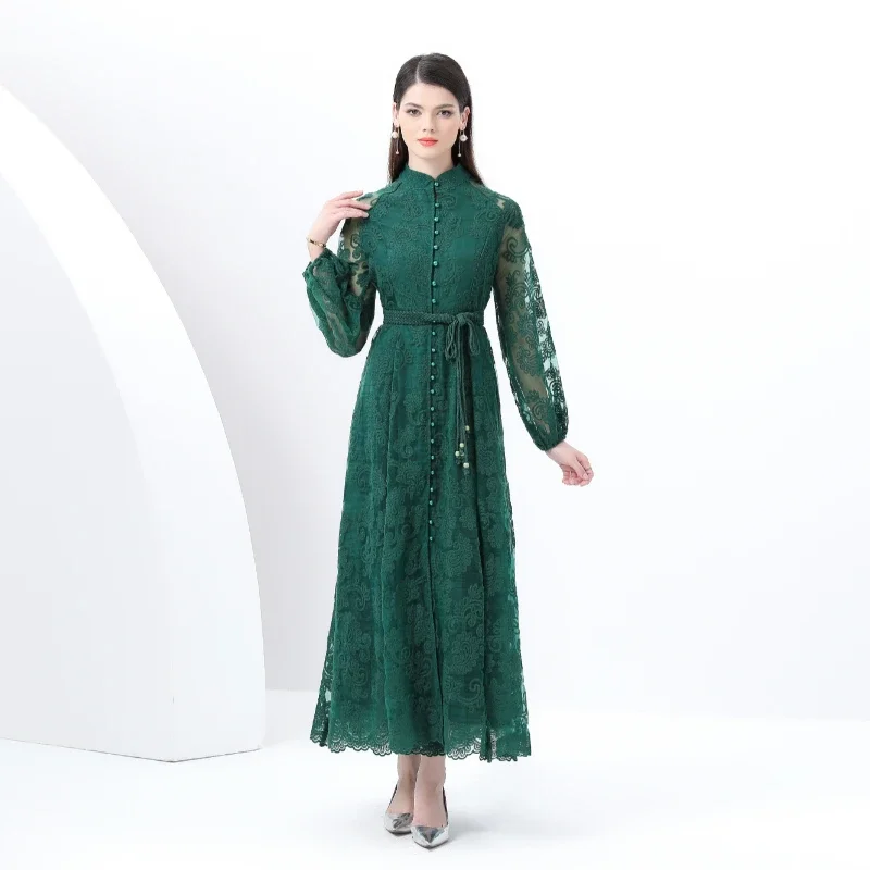 Spring Autumn European American Stand Up Collar Single Breasted Lace Dress Women Elegant Embroidery Large Swing Long Dress C205