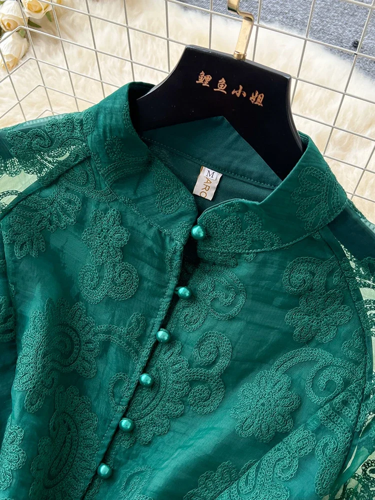 Spring Autumn European American Stand Up Collar Single Breasted Lace Dress Women Elegant Embroidery Large Swing Long Dress C205