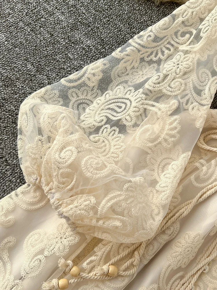 Spring Autumn European American Stand Up Collar Single Breasted Lace Dress Women Elegant Embroidery Large Swing Long Dress C205