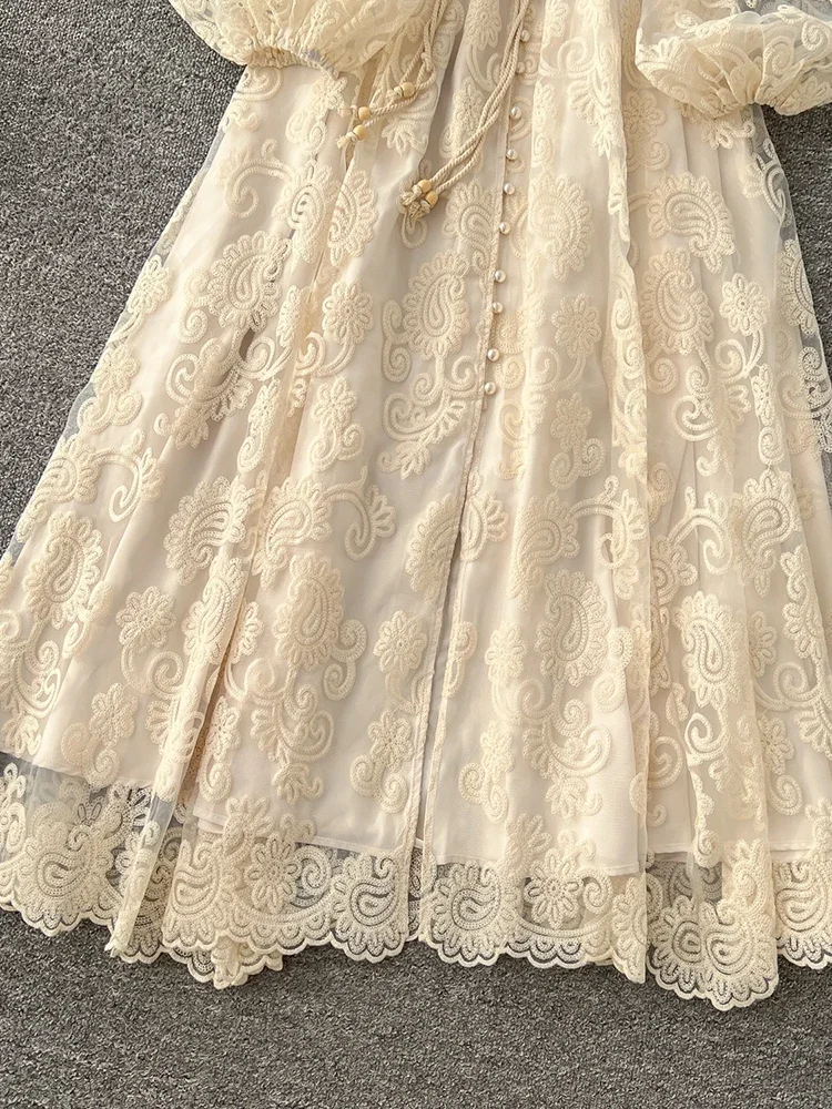 Spring Autumn European American Stand Up Collar Single Breasted Lace Dress Women Elegant Embroidery Large Swing Long Dress C205
