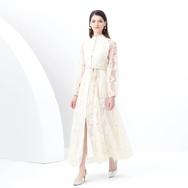 Spring Autumn European American Stand Up Collar Single Breasted Lace Dress Women Elegant Embroidery Large Swing Long Dress C205