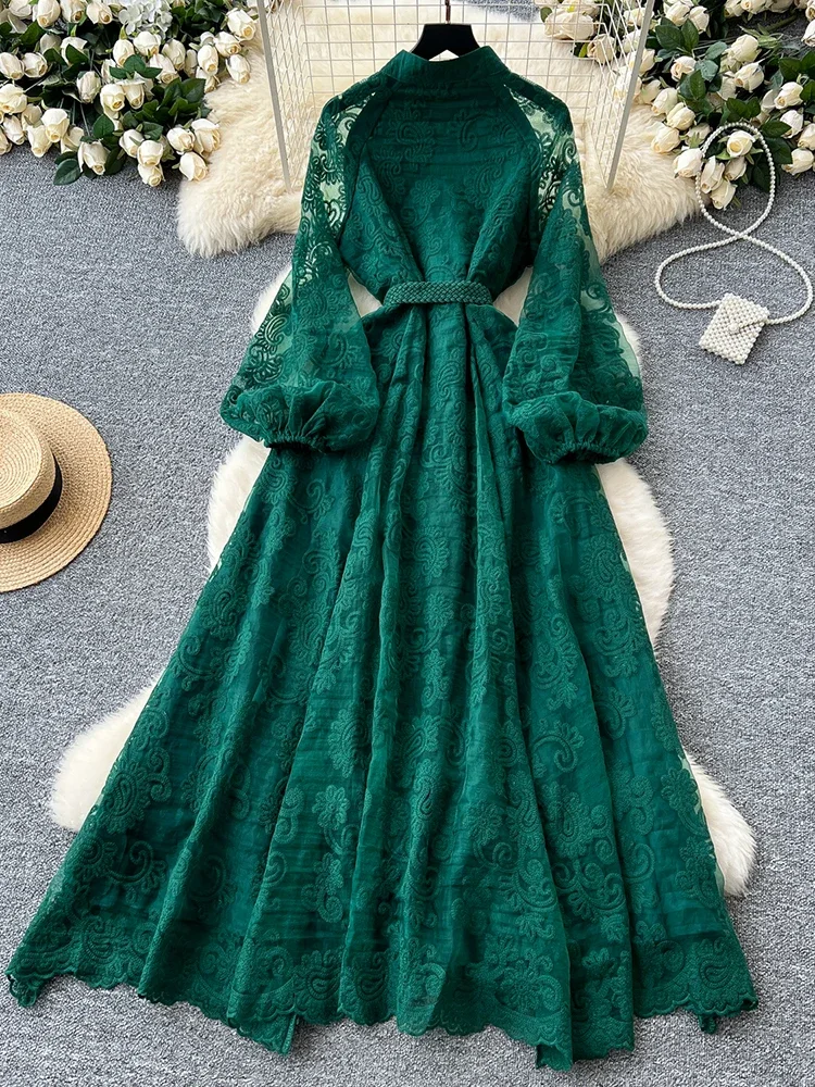Spring Autumn European American Stand Up Collar Single Breasted Lace Dress Women Elegant Embroidery Large Swing Long Dress C205