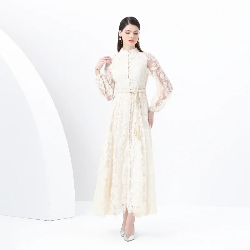 Spring Autumn European American Stand Up Collar Single Breasted Lace Dress Women Elegant Embroidery Large Swing Long Dress C205