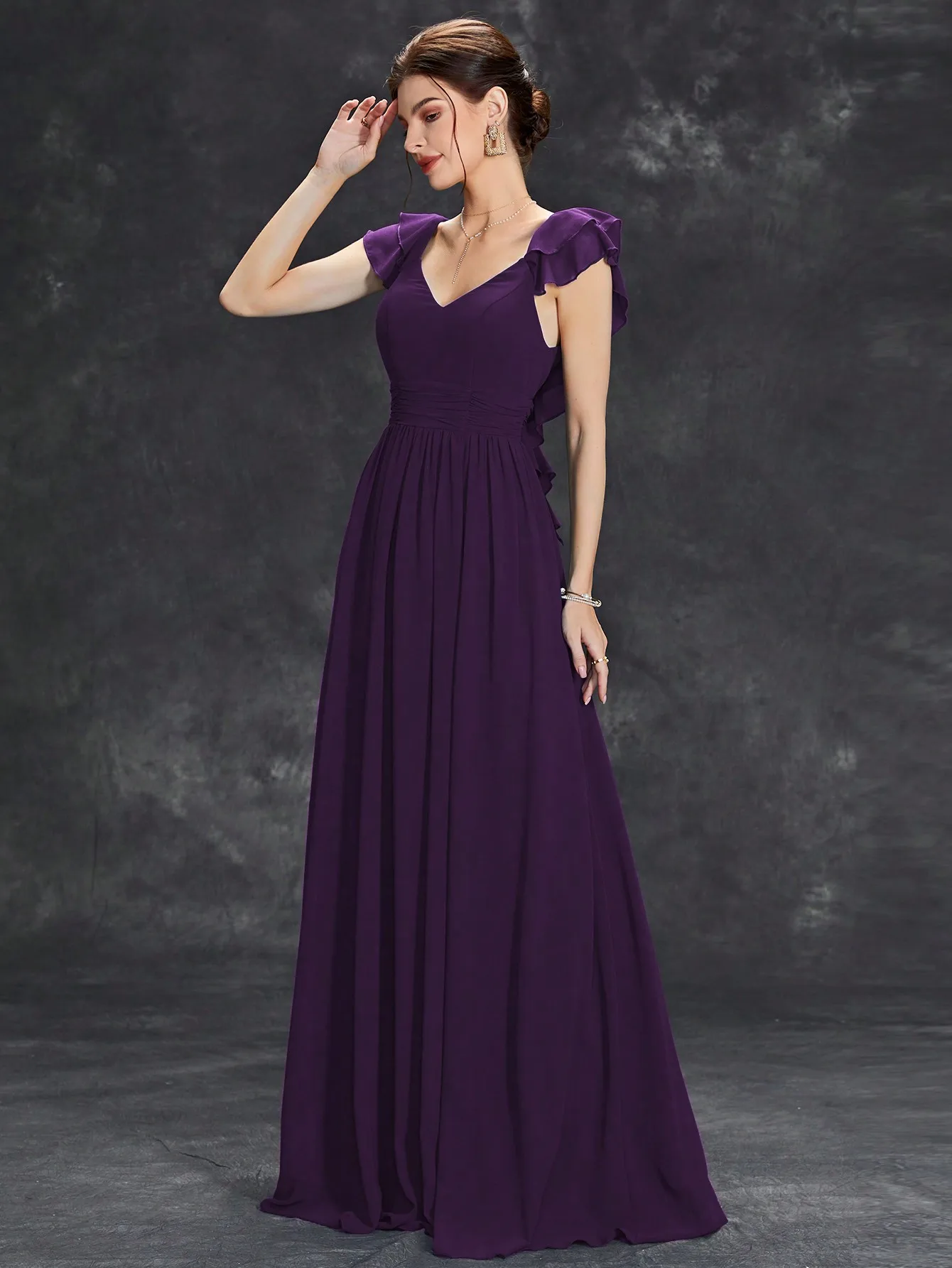 Mgiacy V-neck cap sleeve ruffle lace Extra long evening gown Ball dress Party dress Bridesmaid dress