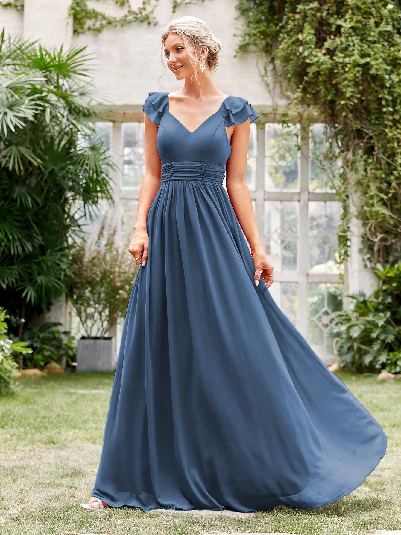 Mgiacy V-neck cap sleeve ruffle lace Extra long evening gown Ball dress Party dress Bridesmaid dress