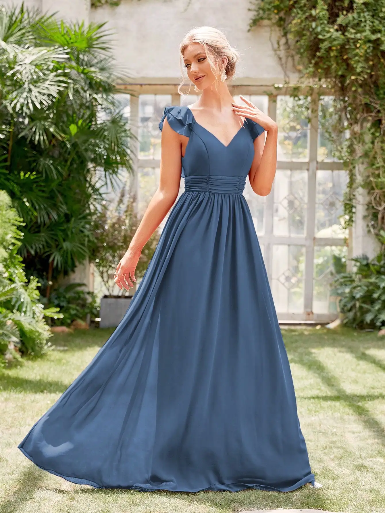 Mgiacy V-neck cap sleeve ruffle lace Extra long evening gown Ball dress Party dress Bridesmaid dress