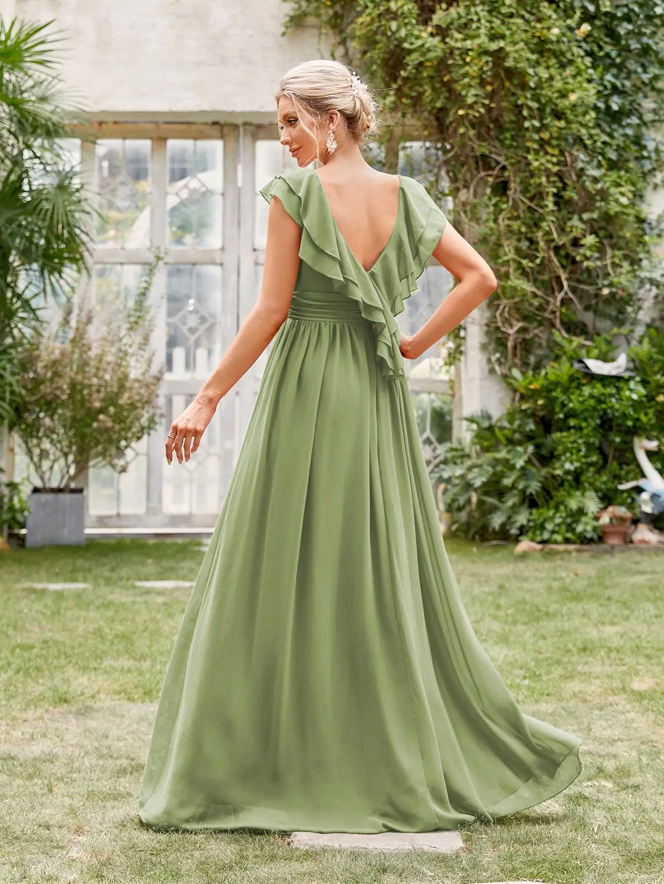 Mgiacy V-neck cap sleeve ruffle lace Extra long evening gown Ball dress Party dress Bridesmaid dress