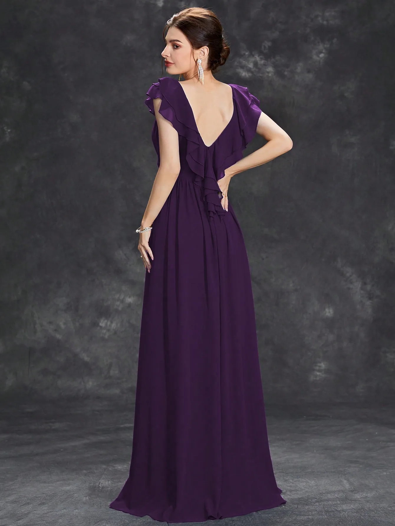 Mgiacy V-neck cap sleeve ruffle lace Extra long evening gown Ball dress Party dress Bridesmaid dress