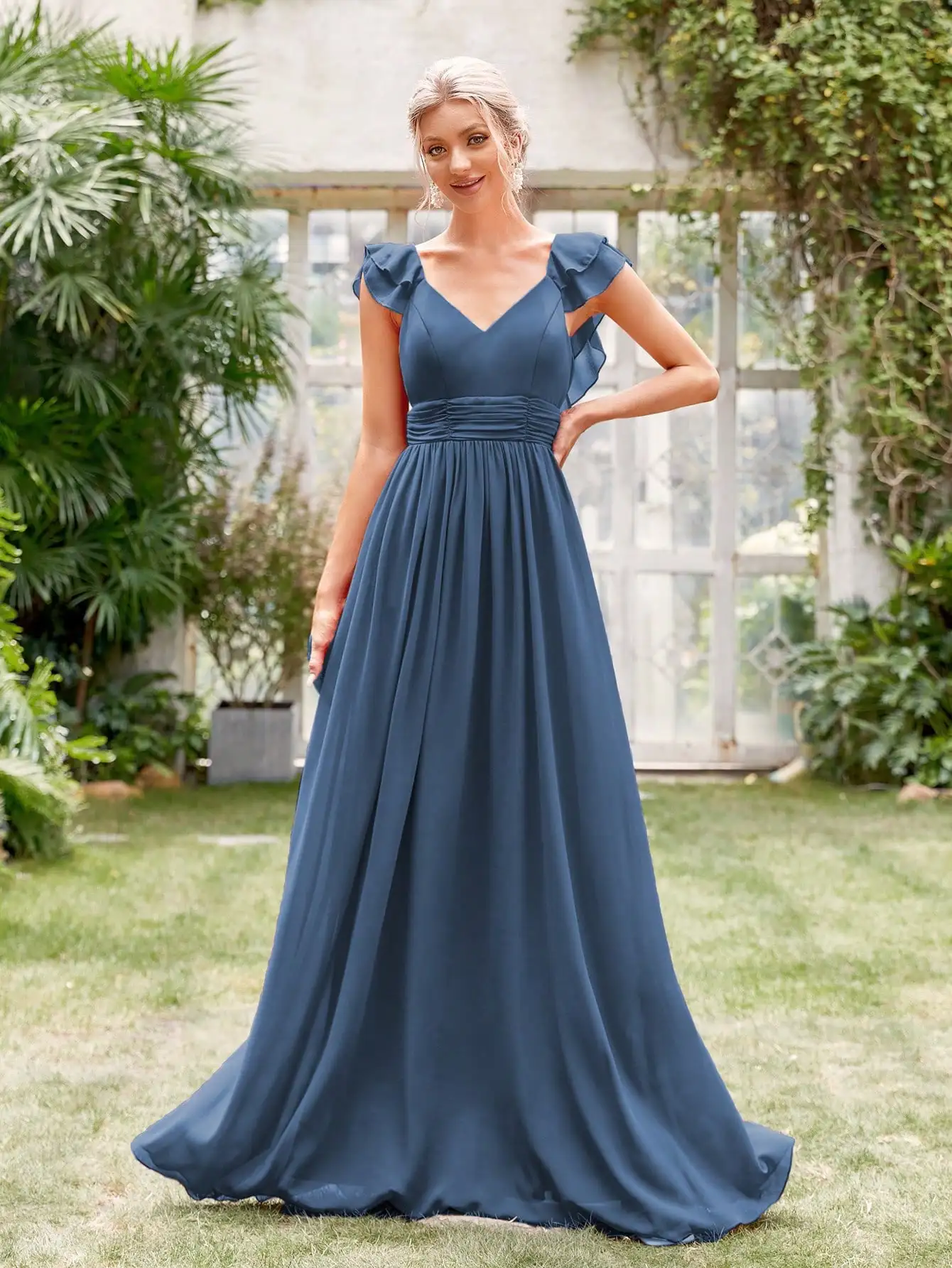 Mgiacy V-neck cap sleeve ruffle lace Extra long evening gown Ball dress Party dress Bridesmaid dress
