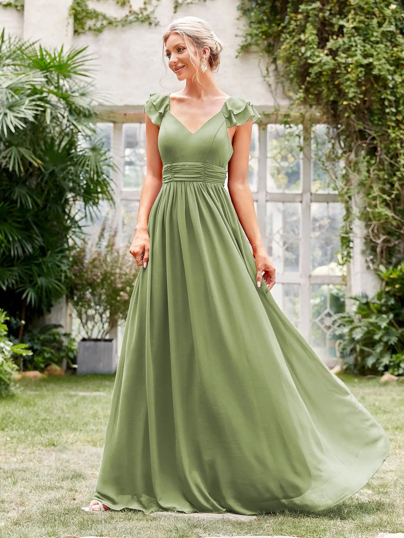 Mgiacy V-neck cap sleeve ruffle lace Extra long evening gown Ball dress Party dress Bridesmaid dress