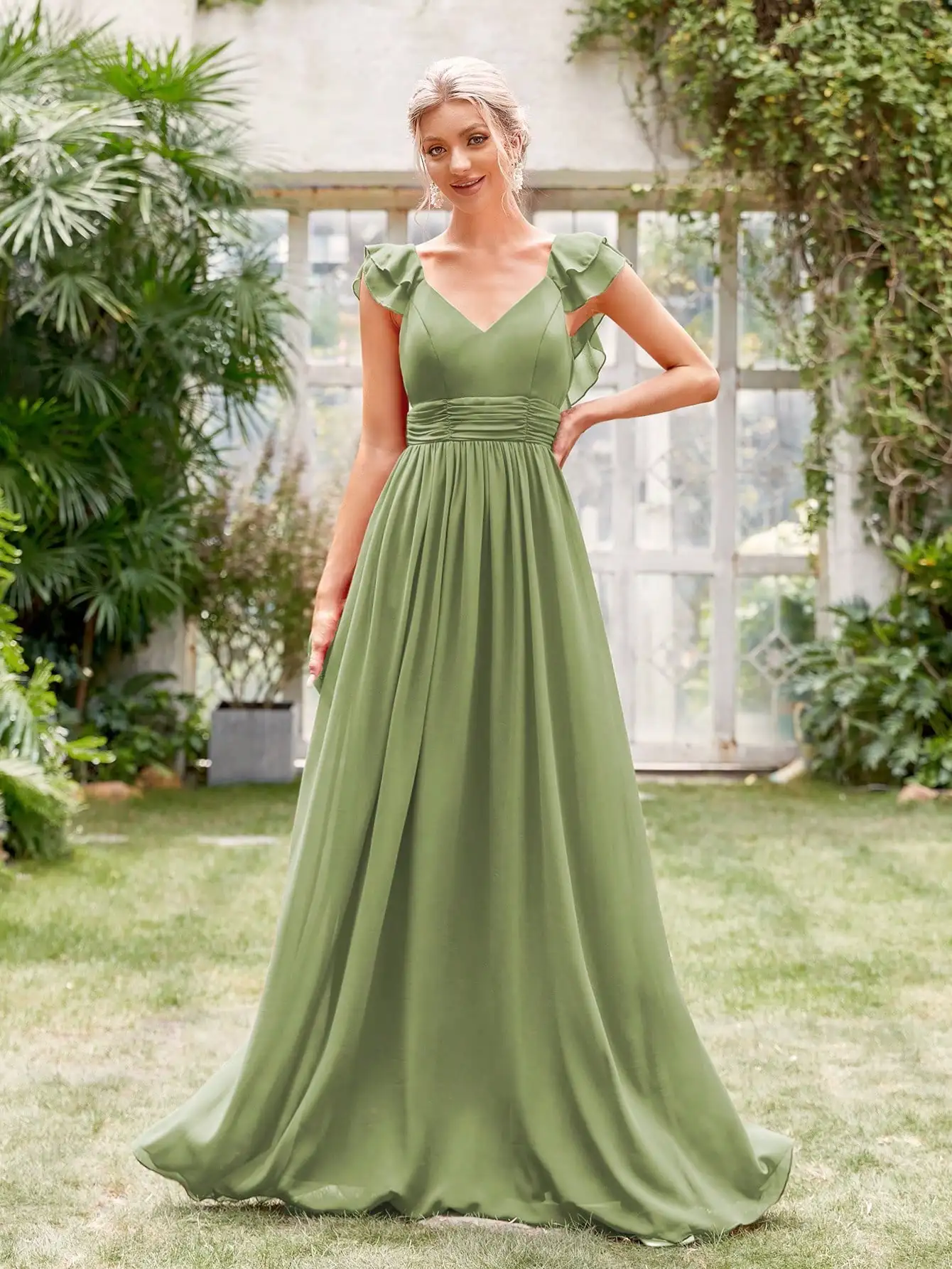 Mgiacy V-neck cap sleeve ruffle lace Extra long evening gown Ball dress Party dress Bridesmaid dress