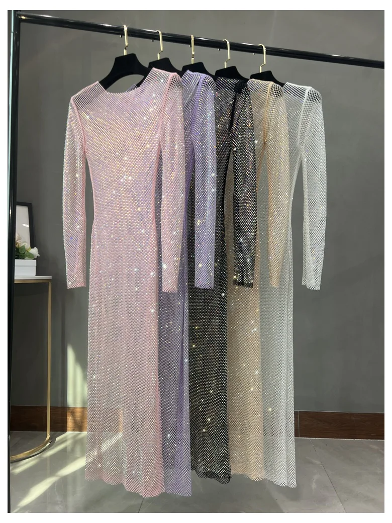 Club Apparel Sexy Rhinestone Dresses Long Sleeve Extra Diamond Dress