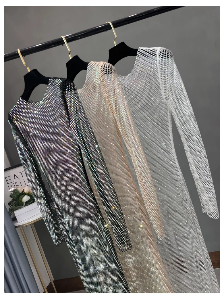Club Apparel Sexy Rhinestone Dresses Long Sleeve Extra Diamond Dress