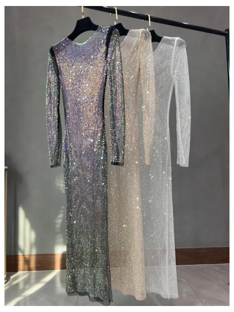 Club Apparel Sexy Rhinestone Dresses Long Sleeve Extra Diamond Dress