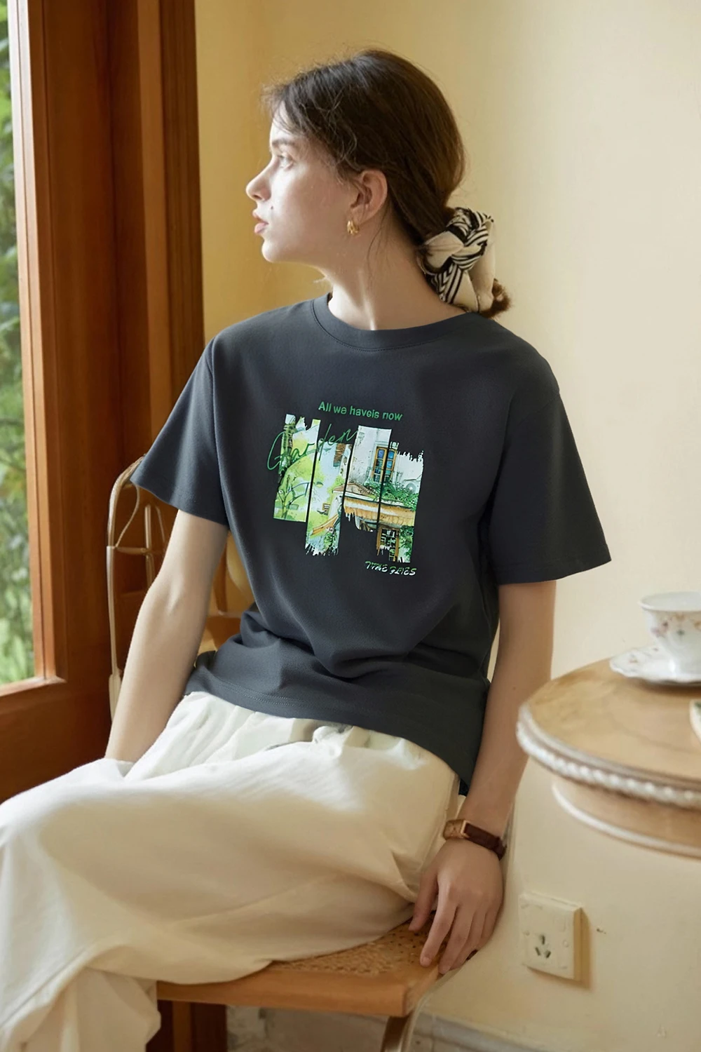 VIMLY Pure Cotton Women's Graphic T-Shirt 2026 Summer Tee Shirt Ladies Short Sleeve T-shirt Loose Simple Printed Tops M9828
