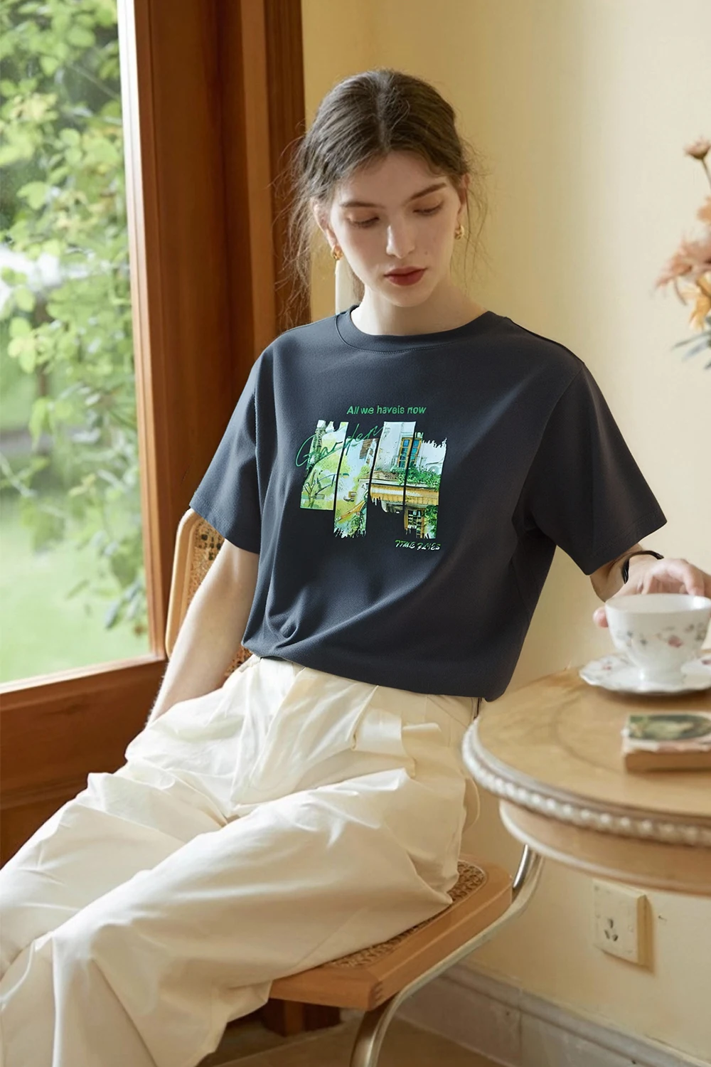 VIMLY Pure Cotton Women's Graphic T-Shirt 2026 Summer Tee Shirt Ladies Short Sleeve T-shirt Loose Simple Printed Tops M9828