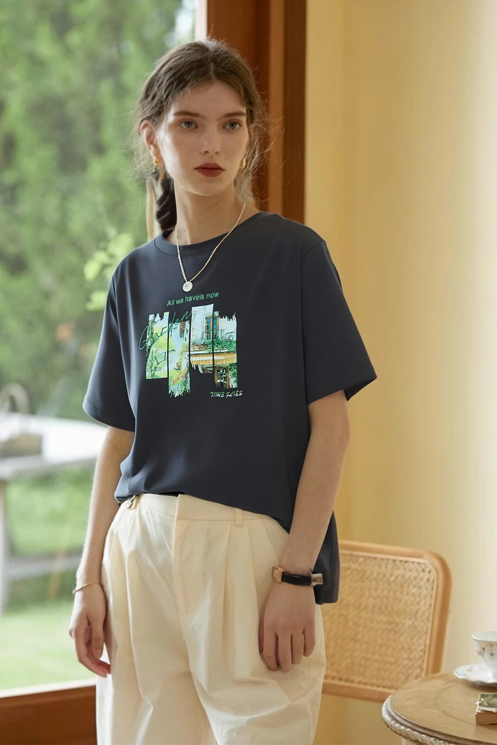 VIMLY Pure Cotton Women's Graphic T-Shirt 2026 Summer Tee Shirt Ladies Short Sleeve T-shirt Loose Simple Printed Tops M9828