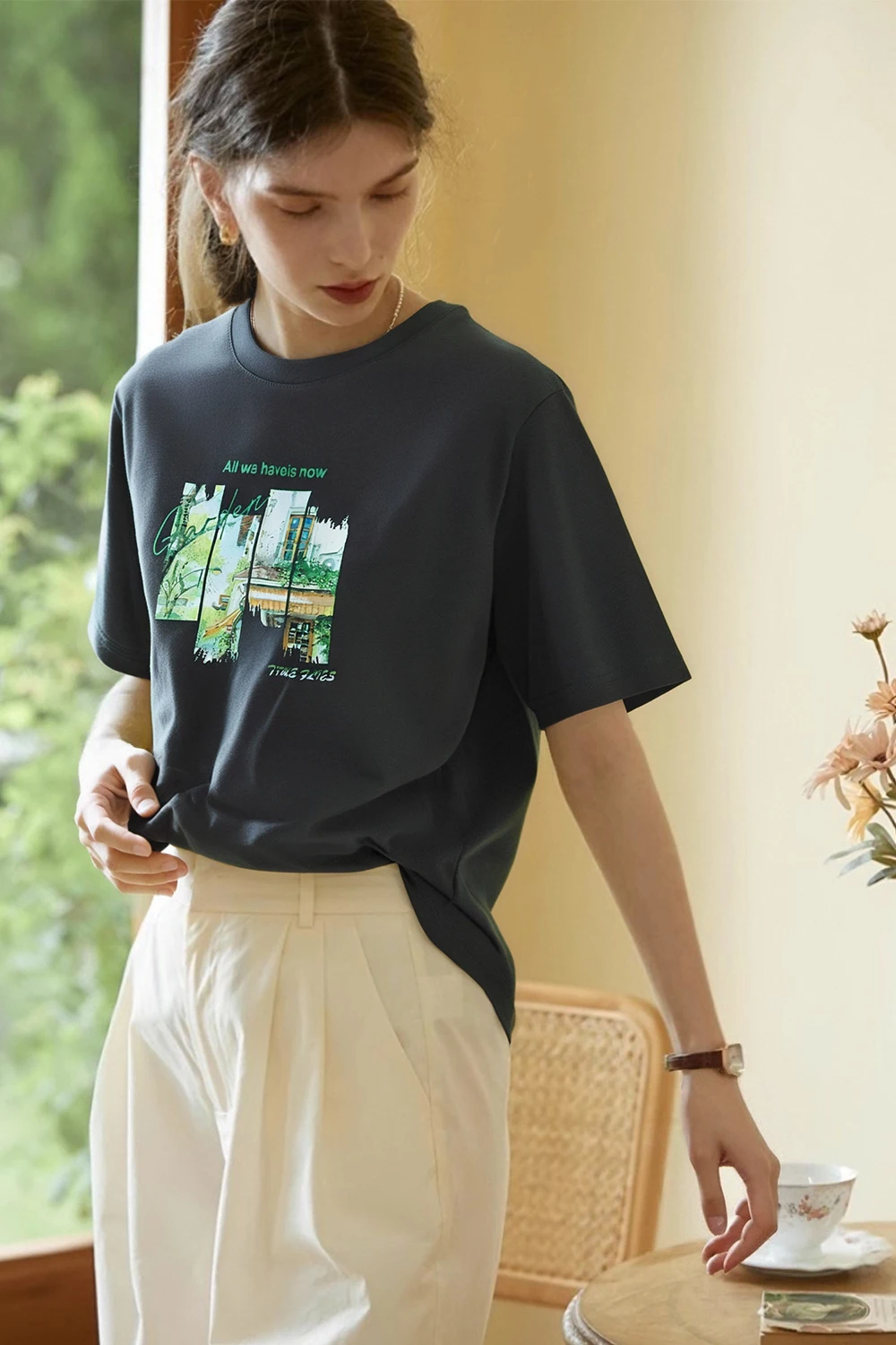 VIMLY Pure Cotton Women's Graphic T-Shirt 2026 Summer Tee Shirt Ladies Short Sleeve T-shirt Loose Simple Printed Tops M9828