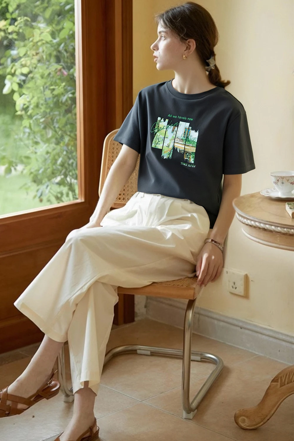VIMLY Pure Cotton Women's Graphic T-Shirt 2026 Summer Tee Shirt Ladies Short Sleeve T-shirt Loose Simple Printed Tops M9828