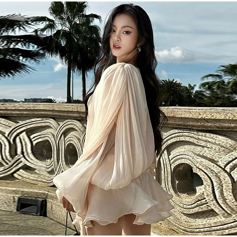 TWOTWINSTYLE Solid Spliced Lace Up Loose Dresses For Women O Neck Long Sleeve High Waist Temperament Dress Female Fashion New