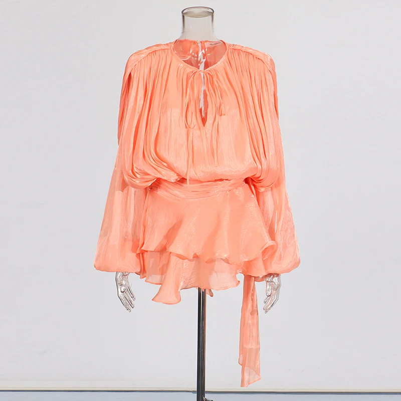 TWOTWINSTYLE Solid Spliced Lace Up Loose Dresses For Women O Neck Long Sleeve High Waist Temperament Dress Female Fashion New