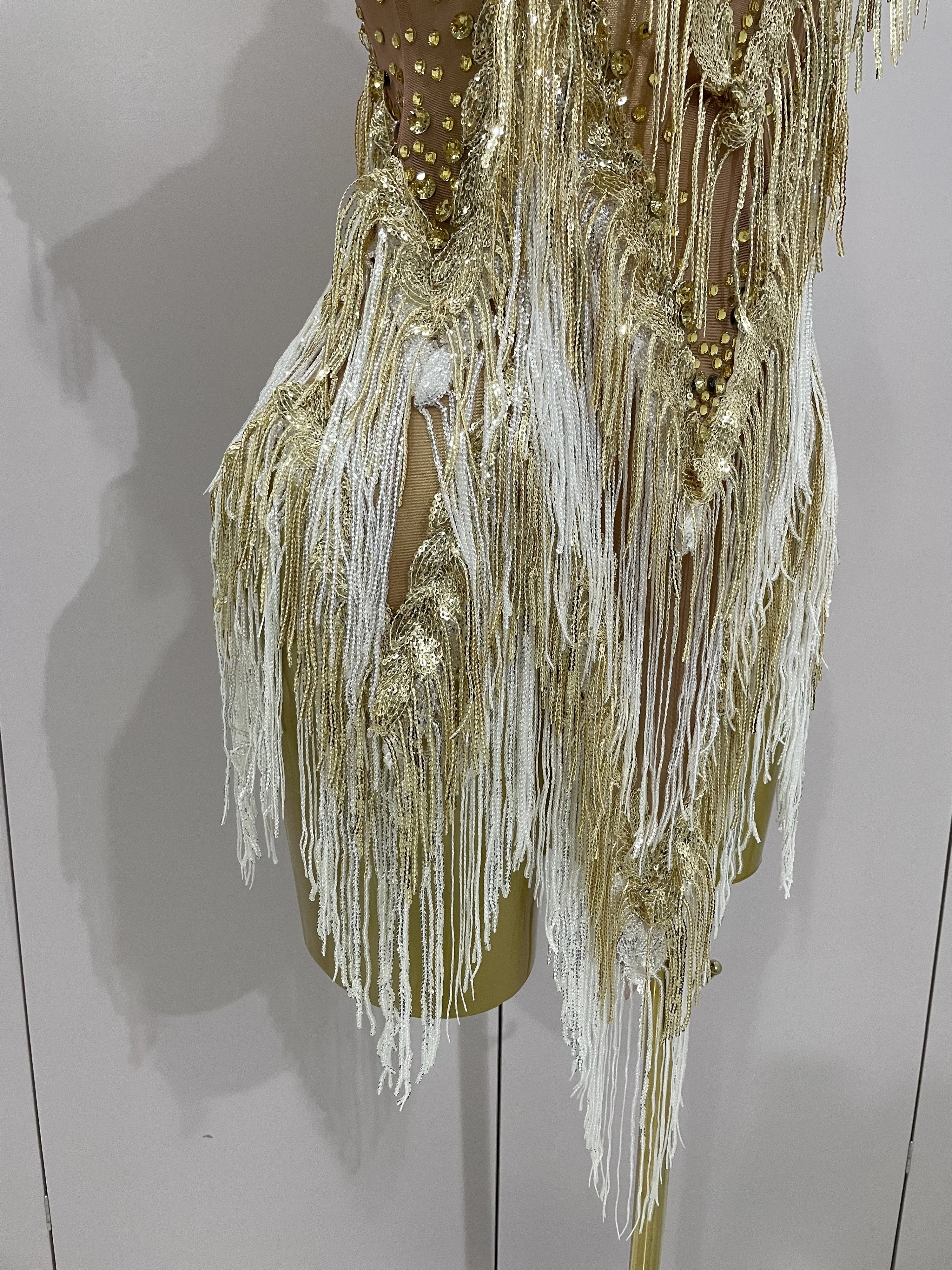 Stock 2025 Women Sexy Stretch Mesh Sparkly Rhinestone Tassels Mini Dress Nightclub Singer Dance Stage Costume Evening Gowns