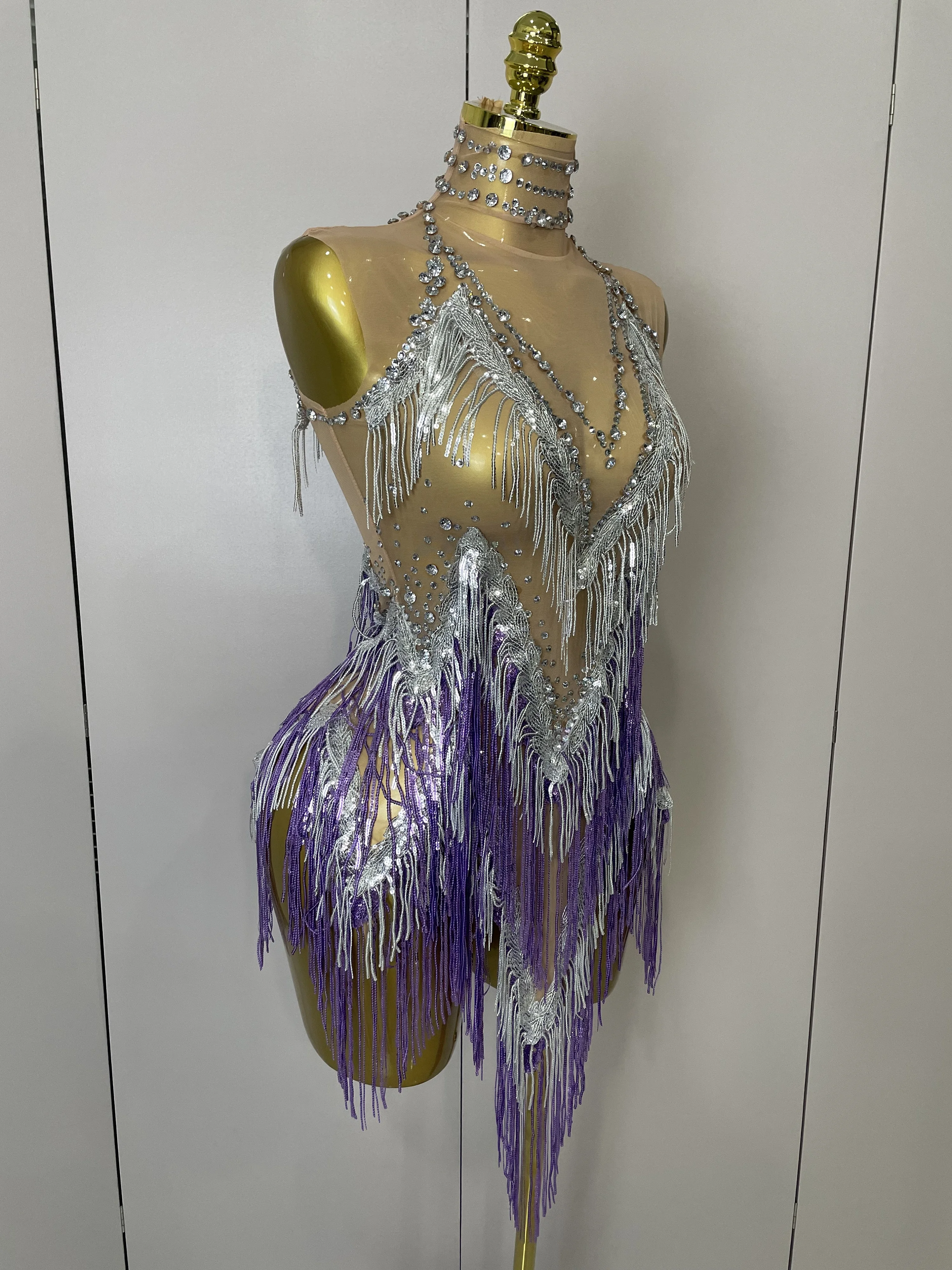 Stock 2025 Women Sexy Stretch Mesh Sparkly Rhinestone Tassels Mini Dress Nightclub Singer Dance Stage Costume Evening Gowns