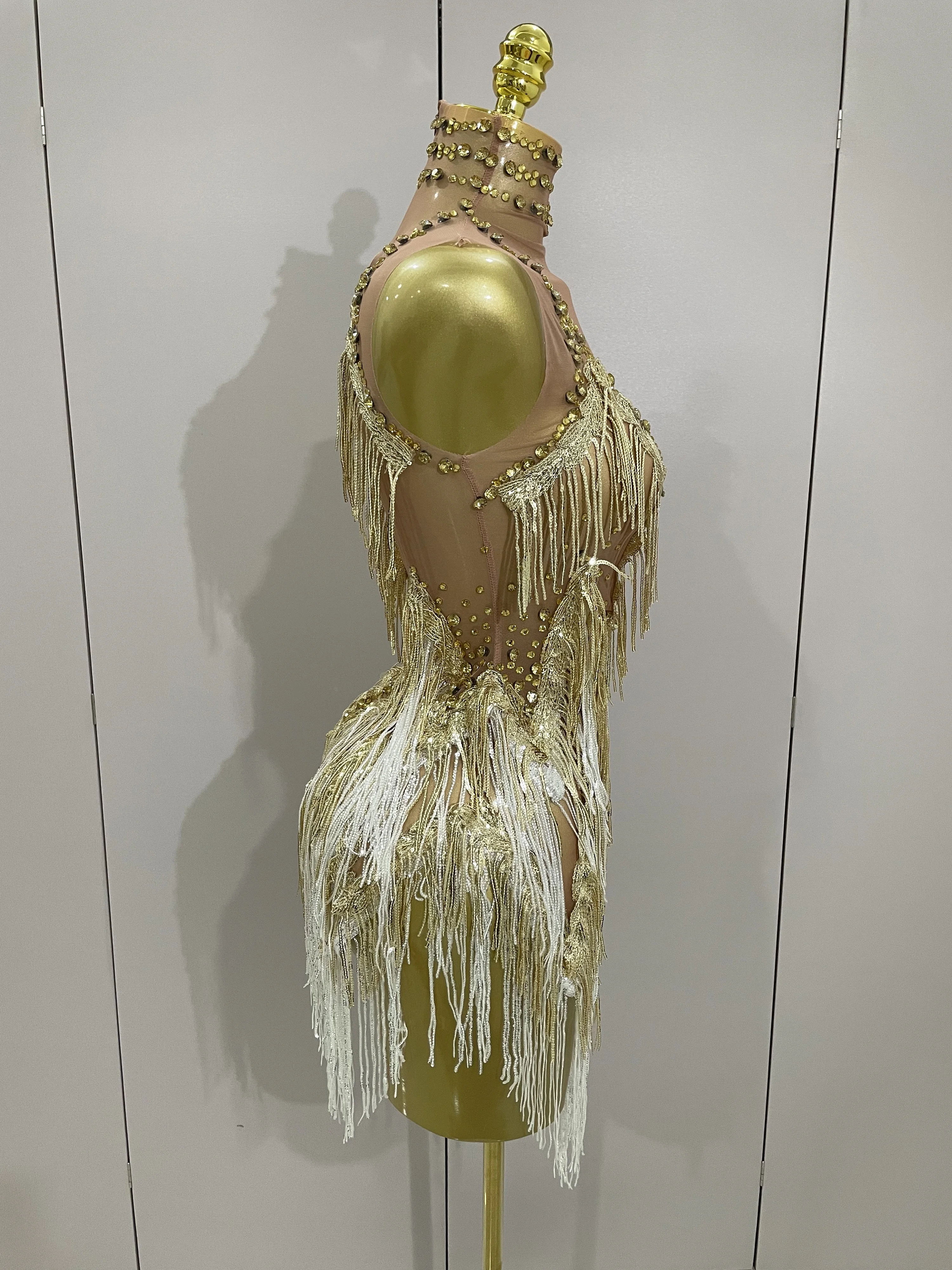 Stock 2025 Women Sexy Stretch Mesh Sparkly Rhinestone Tassels Mini Dress Nightclub Singer Dance Stage Costume Evening Gowns