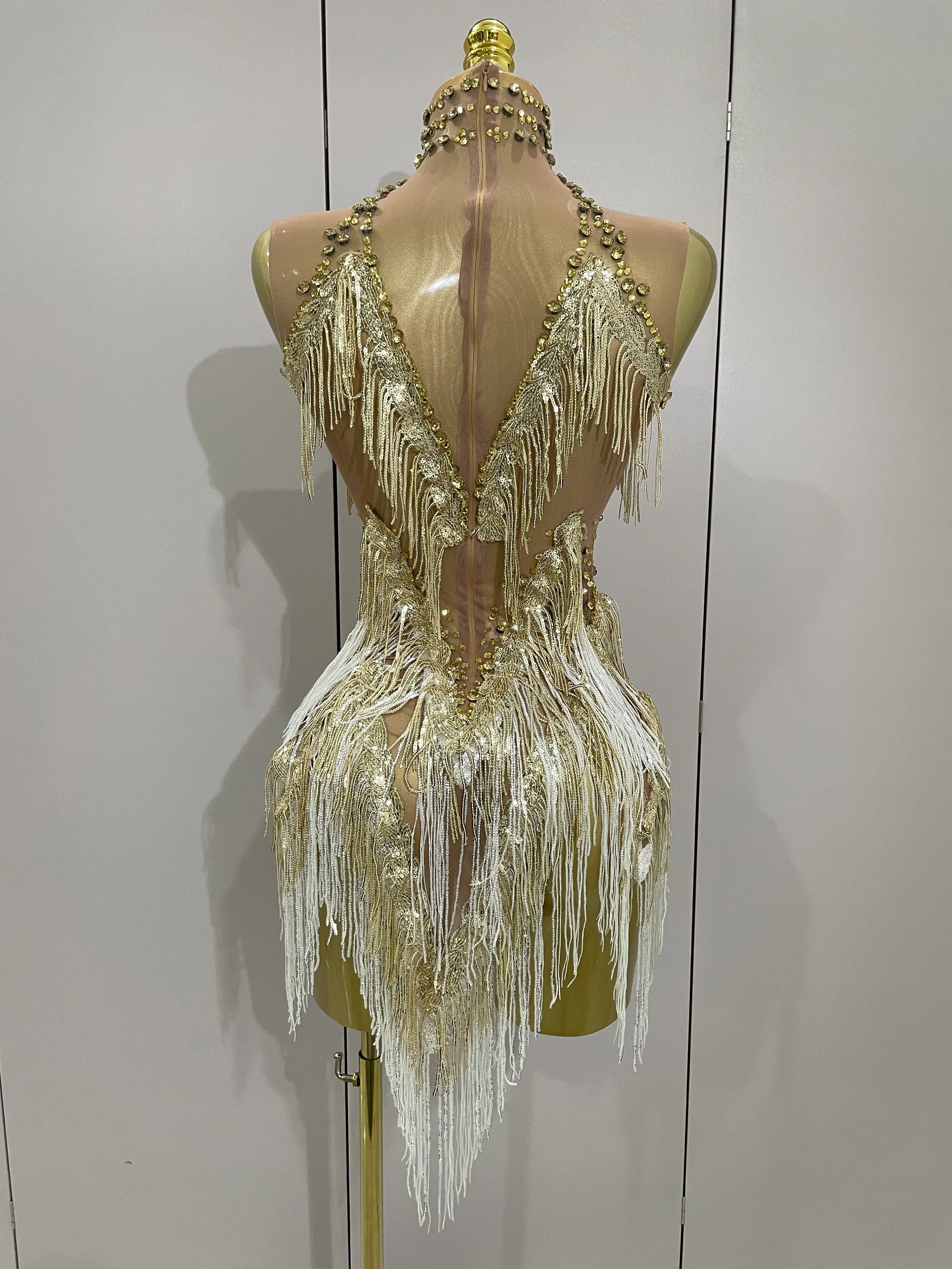 Stock 2025 Women Sexy Stretch Mesh Sparkly Rhinestone Tassels Mini Dress Nightclub Singer Dance Stage Costume Evening Gowns