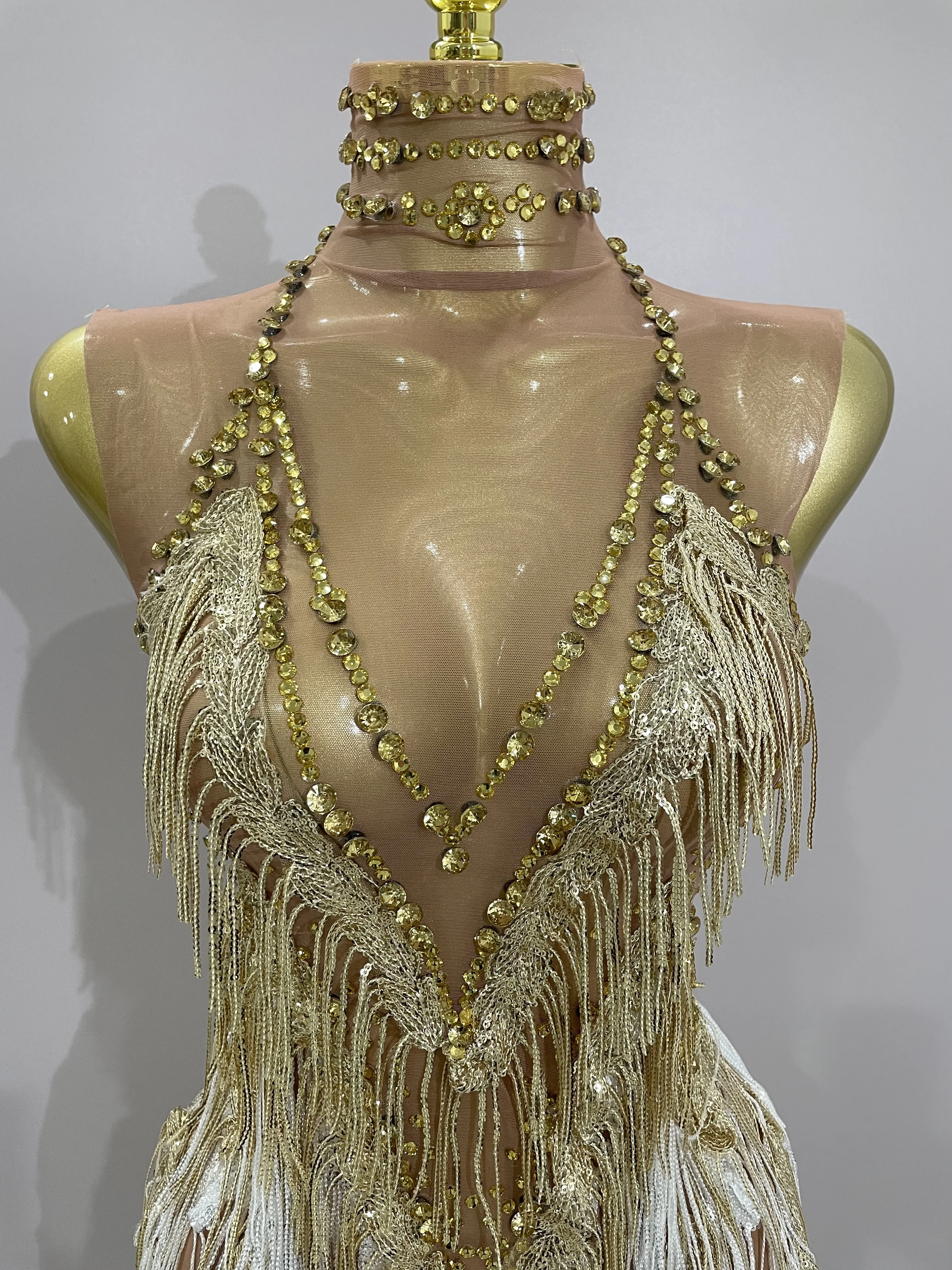 Stock 2025 Women Sexy Stretch Mesh Sparkly Rhinestone Tassels Mini Dress Nightclub Singer Dance Stage Costume Evening Gowns