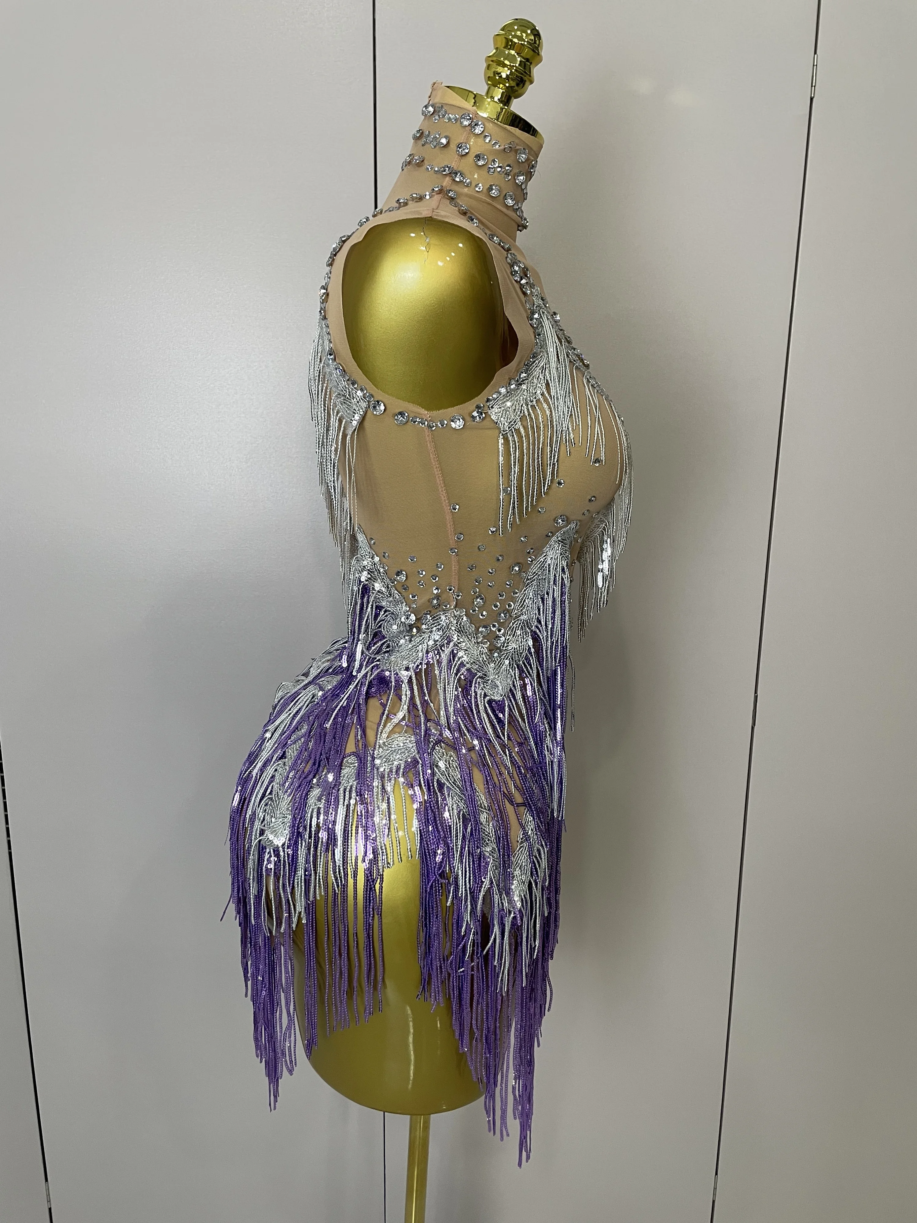 Stock 2025 Women Sexy Stretch Mesh Sparkly Rhinestone Tassels Mini Dress Nightclub Singer Dance Stage Costume Evening Gowns