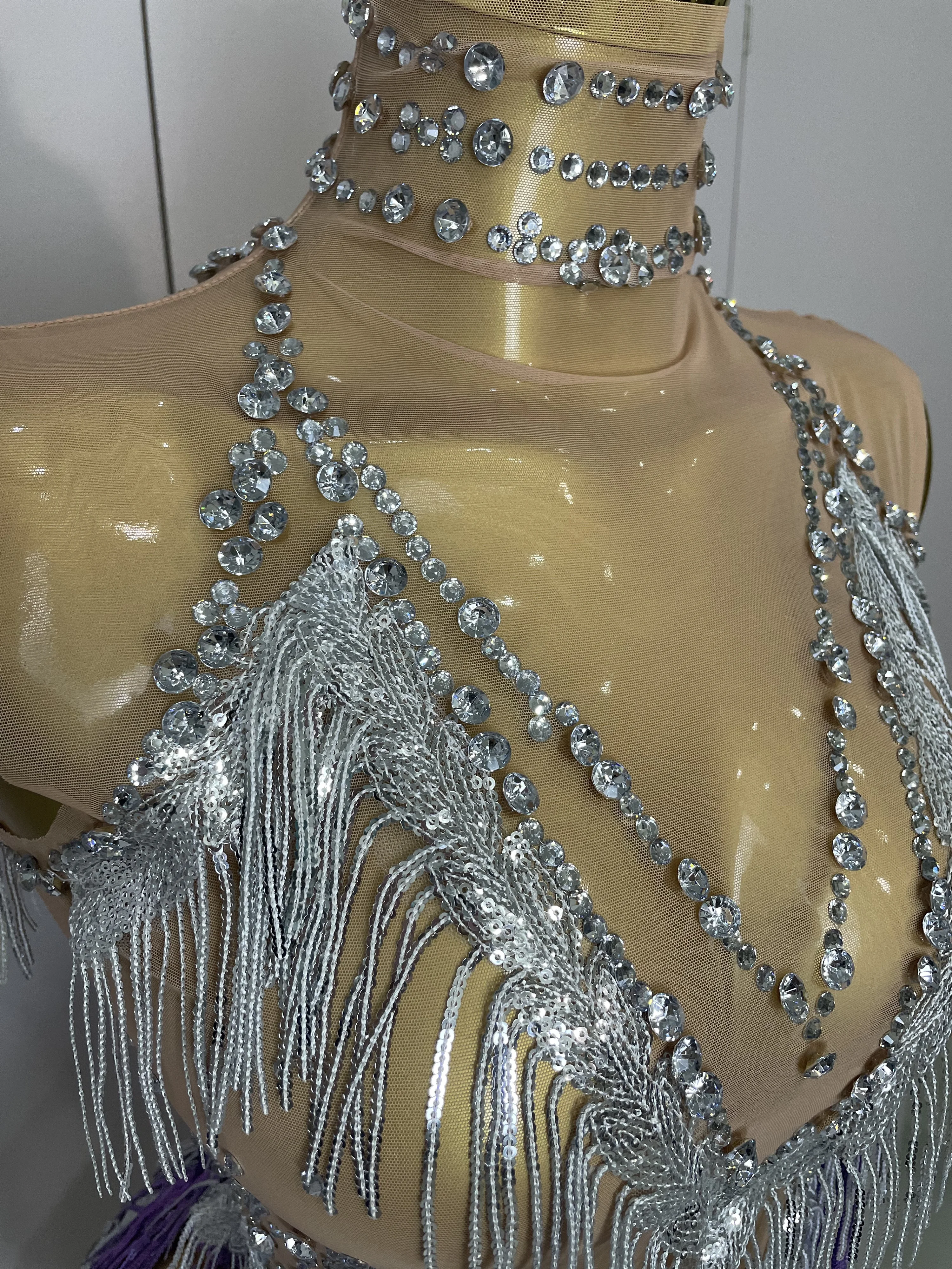 Stock 2025 Women Sexy Stretch Mesh Sparkly Rhinestone Tassels Mini Dress Nightclub Singer Dance Stage Costume Evening Gowns