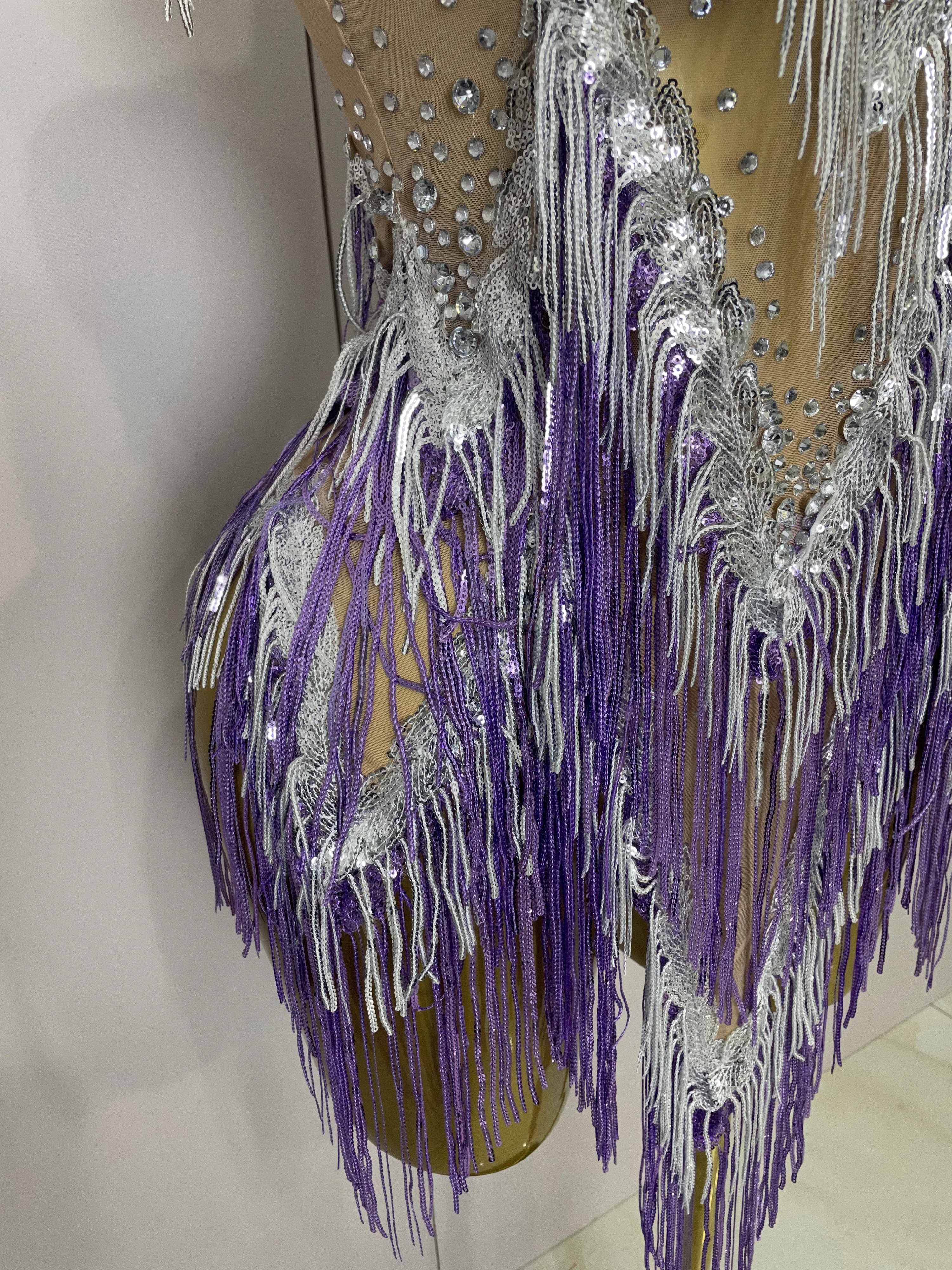 Stock 2025 Women Sexy Stretch Mesh Sparkly Rhinestone Tassels Mini Dress Nightclub Singer Dance Stage Costume Evening Gowns