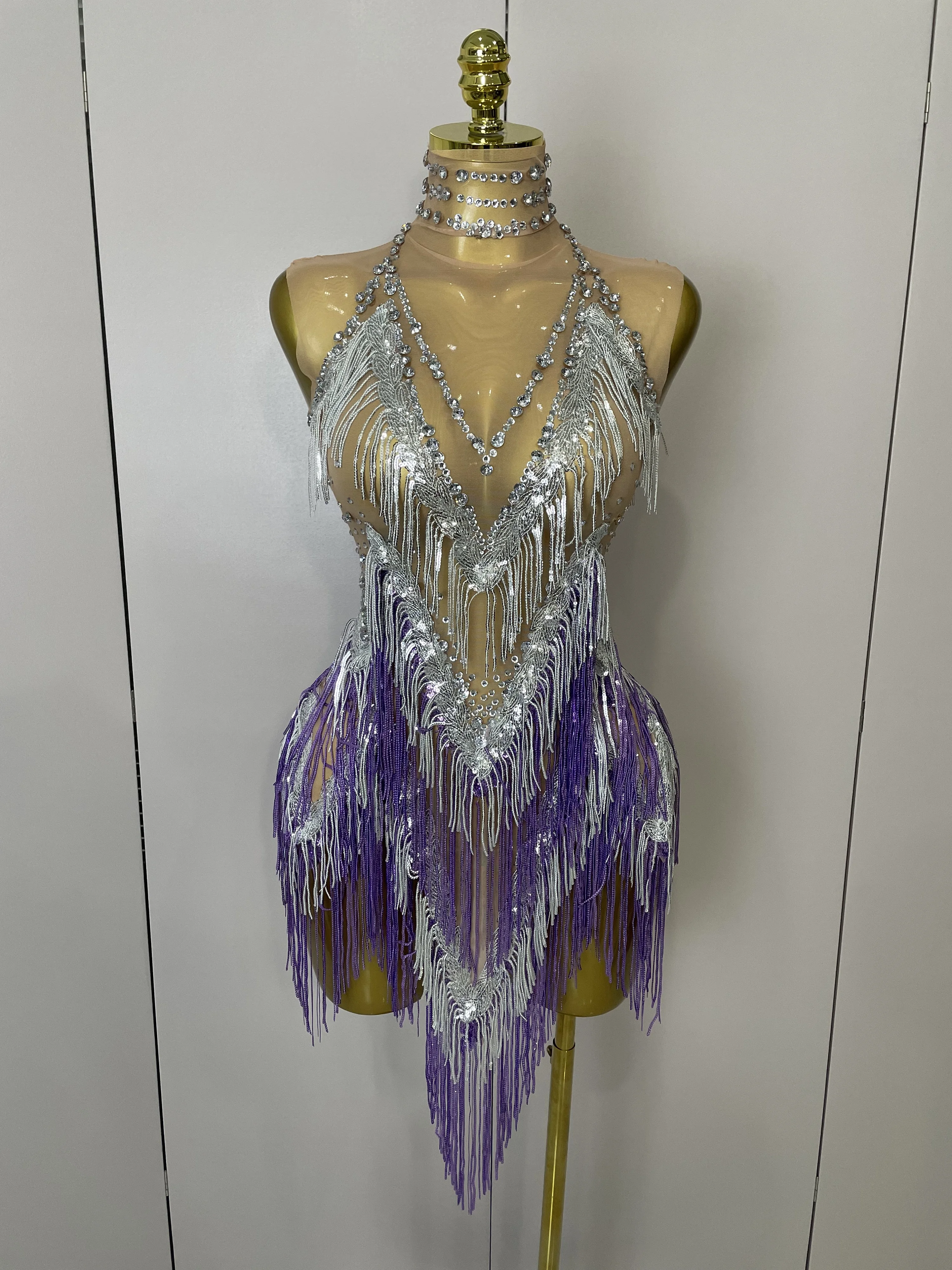 Stock 2025 Women Sexy Stretch Mesh Sparkly Rhinestone Tassels Mini Dress Nightclub Singer Dance Stage Costume Evening Gowns