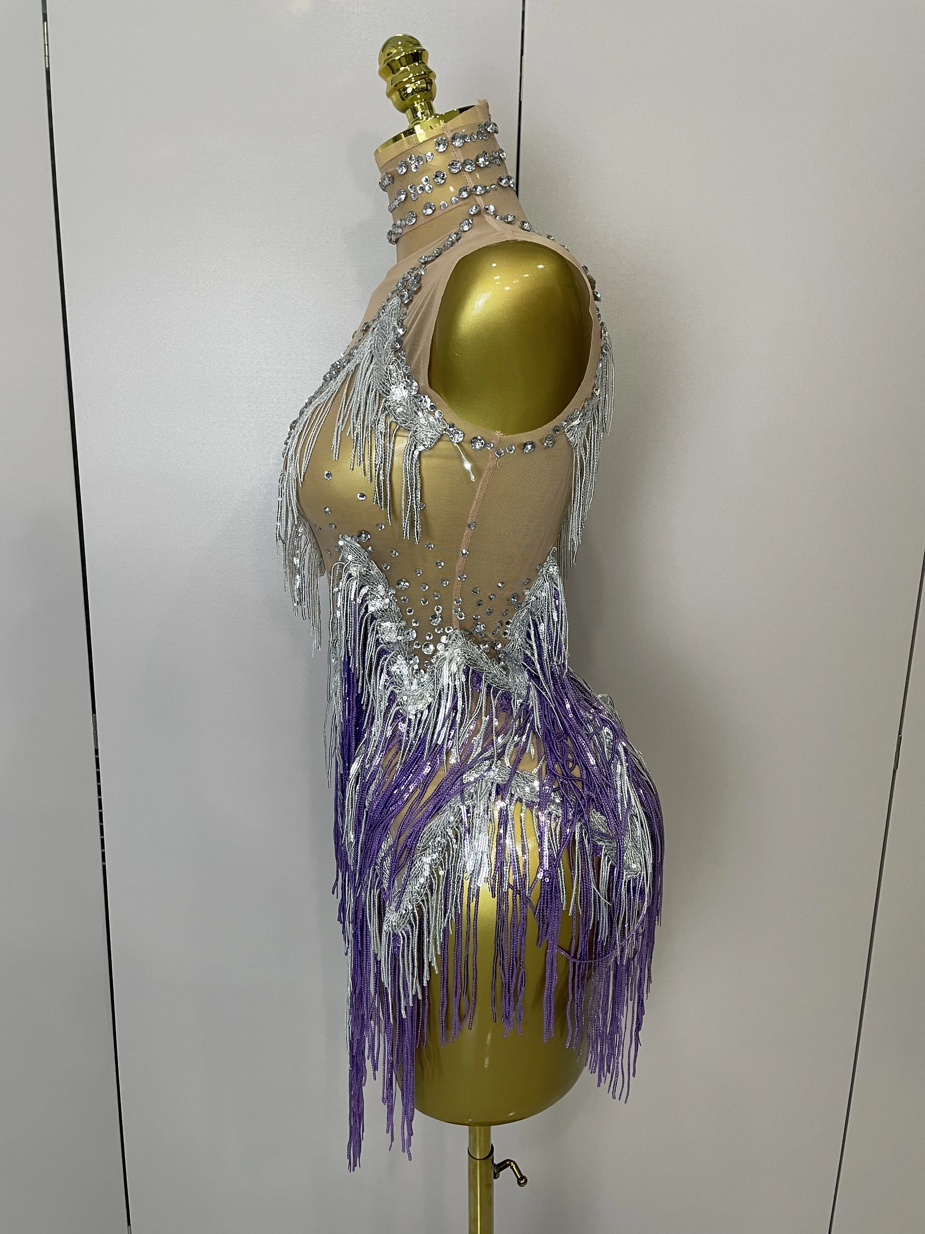 Stock 2025 Women Sexy Stretch Mesh Sparkly Rhinestone Tassels Mini Dress Nightclub Singer Dance Stage Costume Evening Gowns