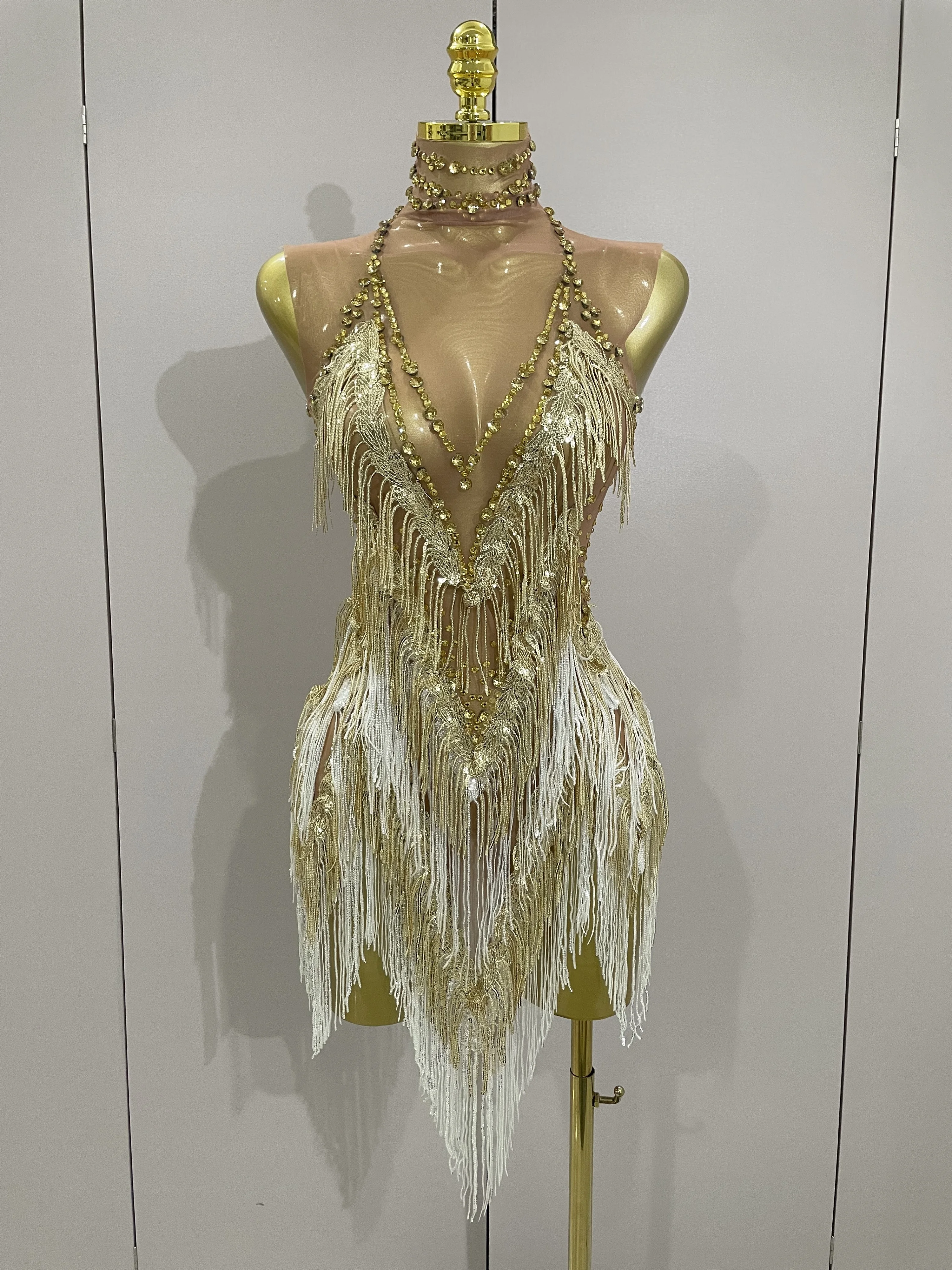 Stock 2025 Women Sexy Stretch Mesh Sparkly Rhinestone Tassels Mini Dress Nightclub Singer Dance Stage Costume Evening Gowns