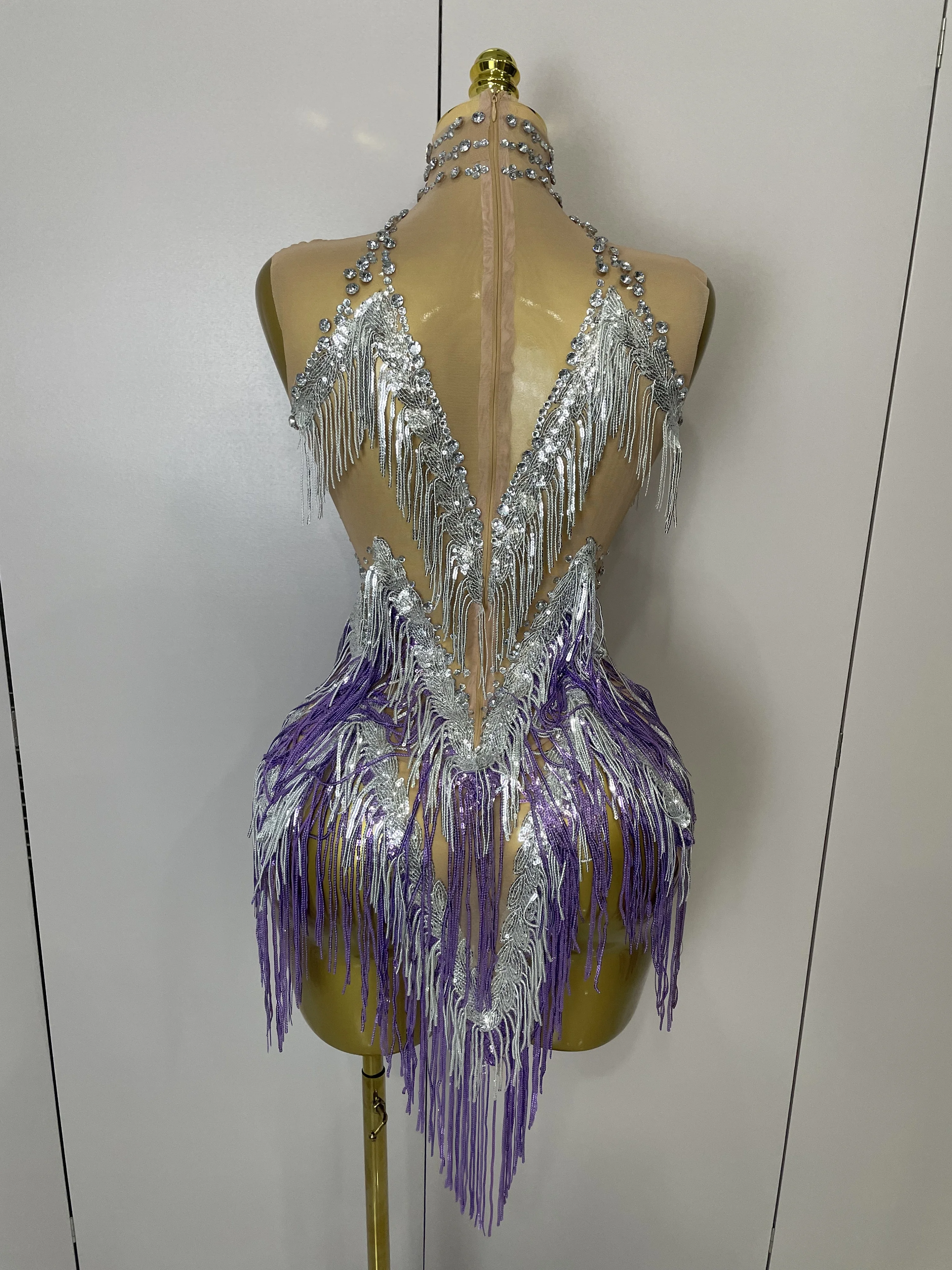 Stock 2025 Women Sexy Stretch Mesh Sparkly Rhinestone Tassels Mini Dress Nightclub Singer Dance Stage Costume Evening Gowns