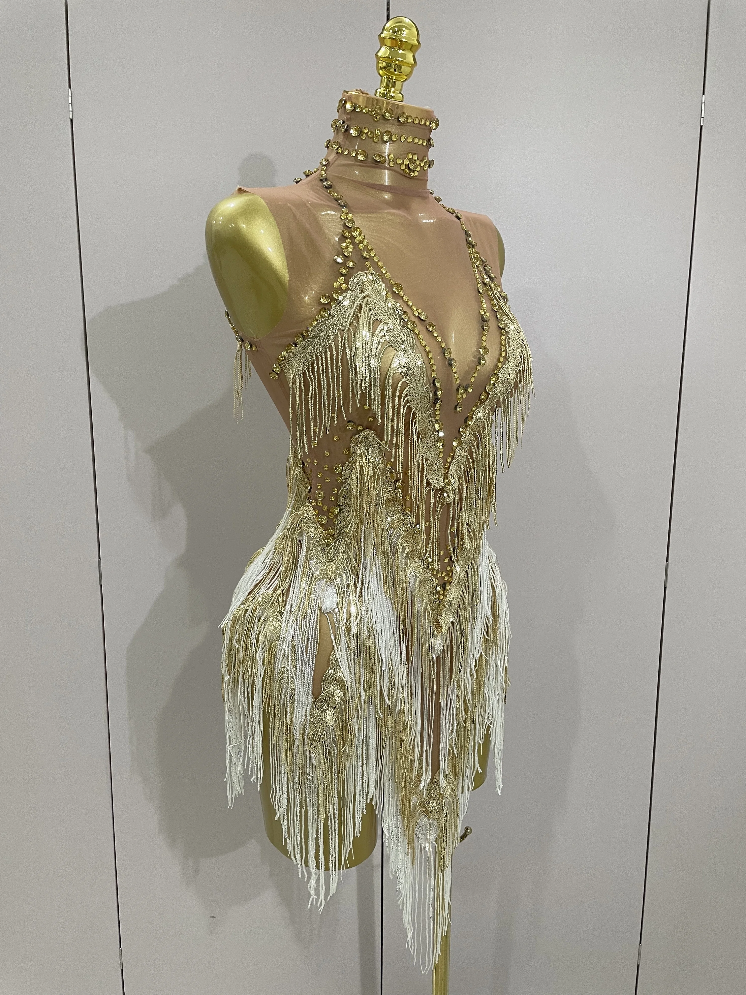 Stock 2025 Women Sexy Stretch Mesh Sparkly Rhinestone Tassels Mini Dress Nightclub Singer Dance Stage Costume Evening Gowns