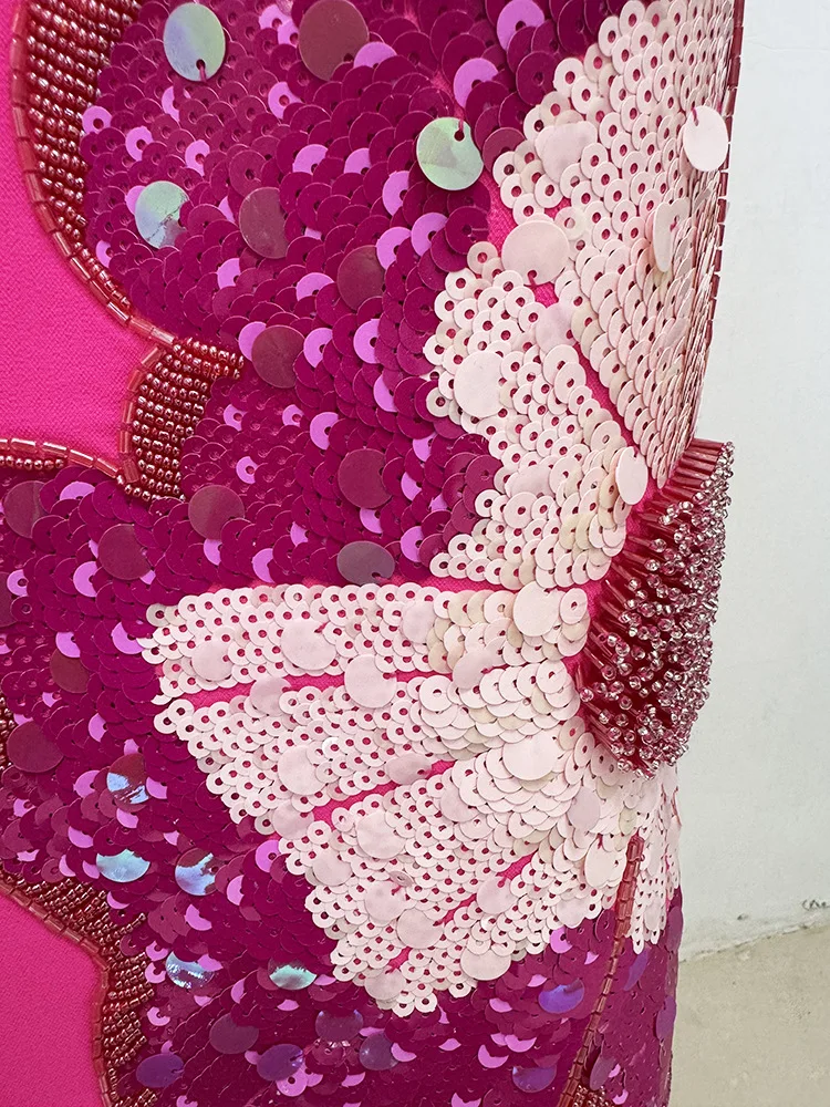 HIGH STREET Newest 2025 Designer Fashion Women's Beaded  Sequin Three-Dimensional Flower Short Sleeve Dress
