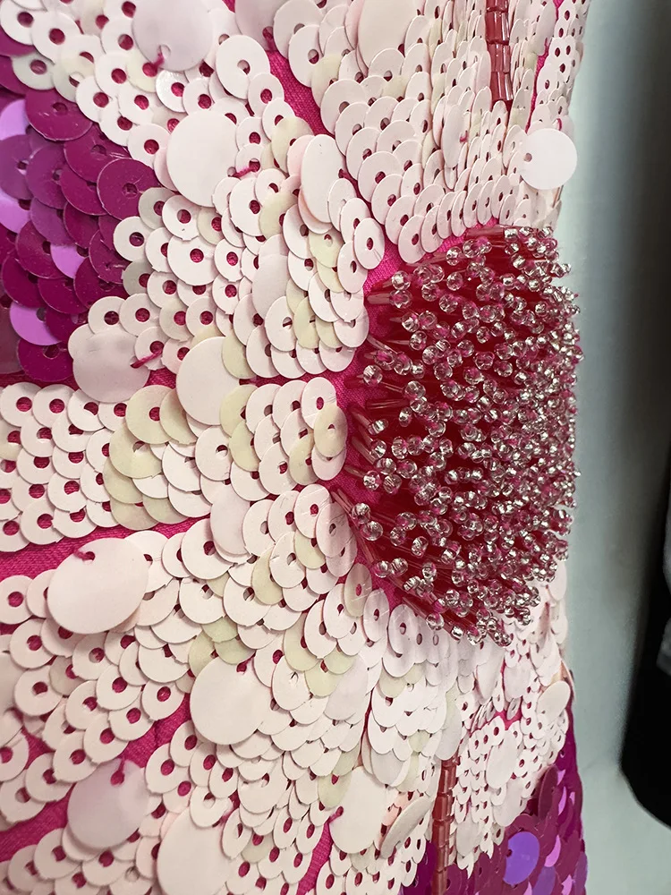 HIGH STREET Newest 2025 Designer Fashion Women's Beaded  Sequin Three-Dimensional Flower Short Sleeve Dress