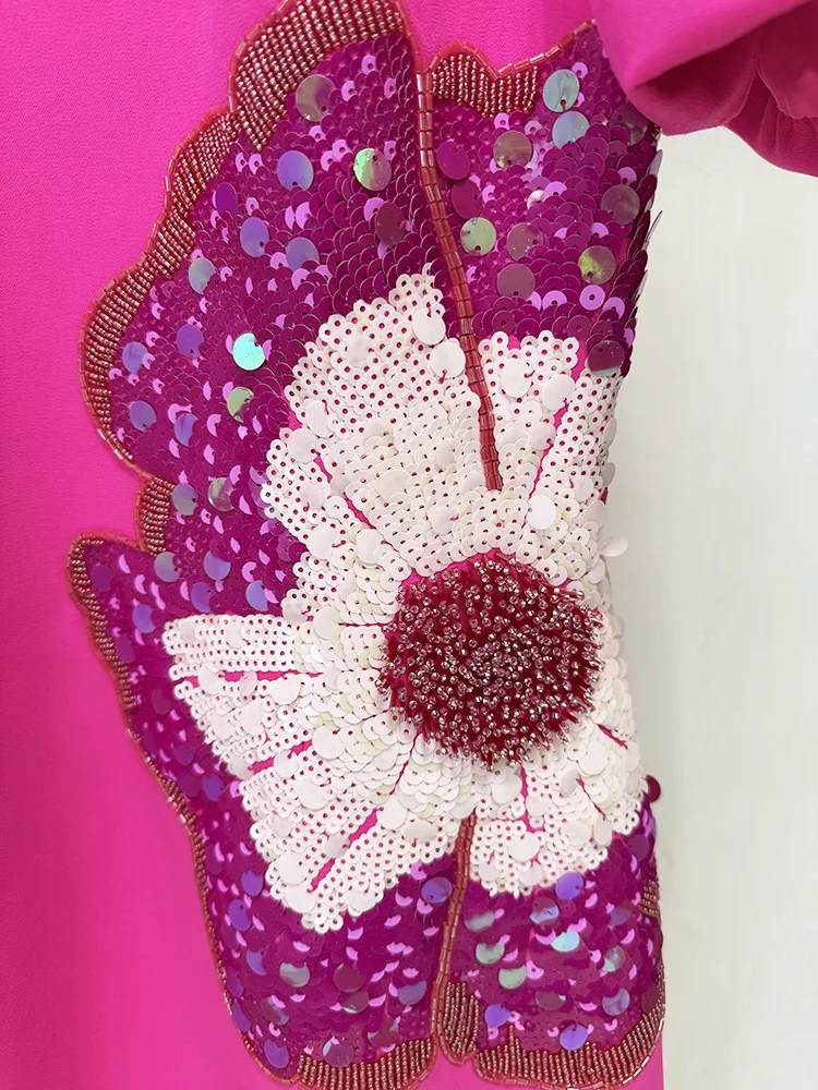HIGH STREET Newest 2025 Designer Fashion Women's Beaded  Sequin Three-Dimensional Flower Short Sleeve Dress